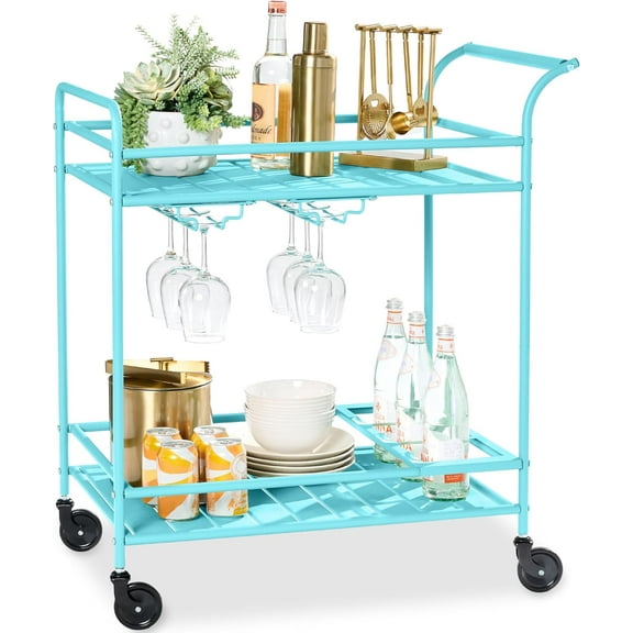 YYEAN Rolling Bar Cart, Mobile Home Bar Serving Cart, Serving Station w/ 2 Tier Shelves, Wine Rack, Lockable Wheels-Teal