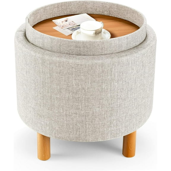 YYEAN Round Storage Ottoman with Tray Lid, Accent Storage Footstool w/Soft Padding, Fabric Sitting Stool w/Solid Wood Legs & Non-Slip Pads, Tray Top Coffee Table for Living Room, Bedroom (Beige)