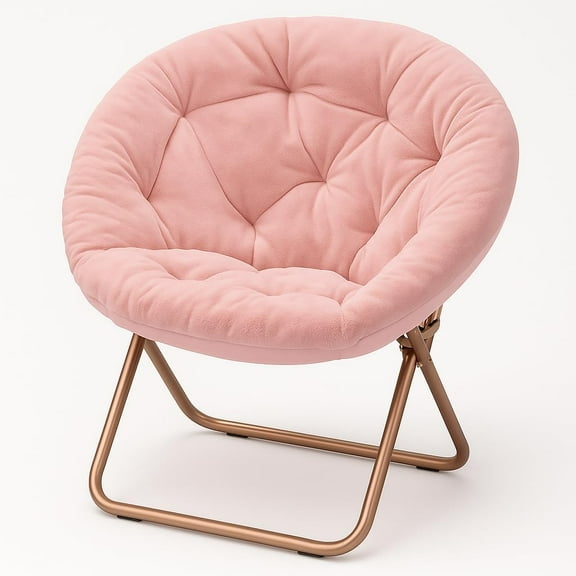 YYEAN Saucer Chair for Adults, Comfy Living Room Lounge Chair for Bedroom Corner, Dorm, Apartment, Faux Fur Fluffy Circle Accent Seat with Thick Padded & Folding Metal Frame-Pink/Gold
