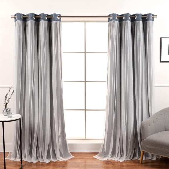 YYEAN Set of 2 Lace Tulle Overlay Thermal Insulated Solid Blackout, Stainless Steel Nickel Grommet Window Panels for Bedroom, Living Room, Dining Room - 52" W x 108" L, Stone