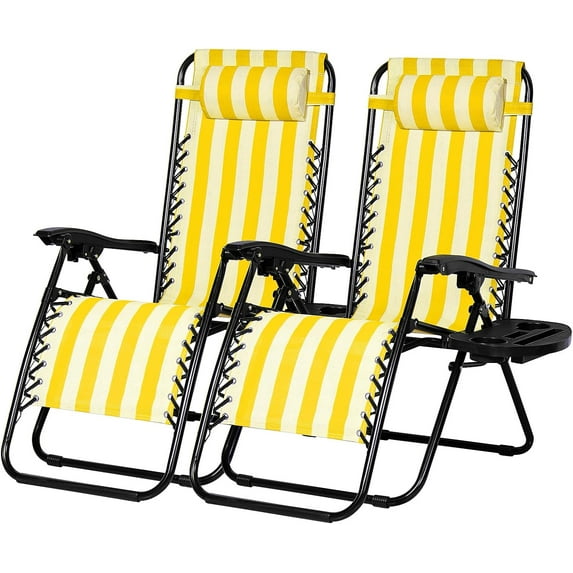 YYEAN Set of 2 Relaxing Recliners Patio Chairs Adjustable Steel Mesh Zero Gravity Lounge Chair Beach Chairs with Pillow and Cup Holder (Yellow Stripe)
