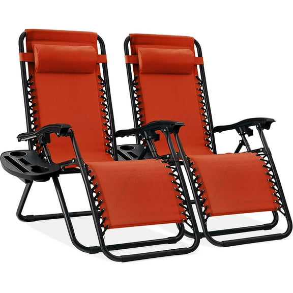 YYEAN Set of 2 Adjustable Steel Mesh Zero Gravity Lounge Chair Recliners w/Pillows and Cup Holder Trays-Burnt Orange