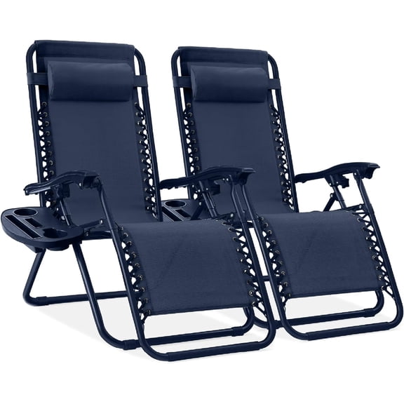 YYEAN Set of 2 Adjustable Steel Mesh Zero Gravity Lounge Chair Recliners w/Pillows and Cup Holder Trays-Navy