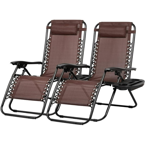YYEAN Set of 2 Relaxing Recliners Patio Chairs Adjustable Steel Mesh Zero Gravity Lounge Chair Beach Chairs with Pillow and Cup Holder Khaki (Brown)
