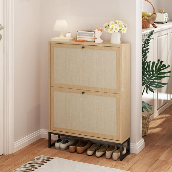 YYEAN Shoe Cabinet with 2 Flip Drawer Door, Freestanding Shoe Organizer, Shoe Cabinet Storage for Entryway, Shoe Storage Shoe Rack for Closet with Linen Doors Drawer in Hallway (Natural)