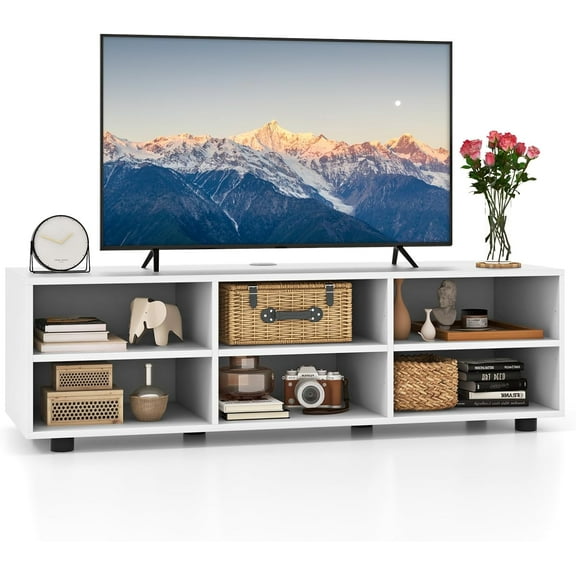 YYEAN TV Stand for TV up to 50 Inches, 42 TV Cabinet with 3 Adjustable Shelves, Cable Holes, 6 Storage Cube, Adjustable Footpads, Media Console for Living Room, Bedroom, Entertainment Center, White