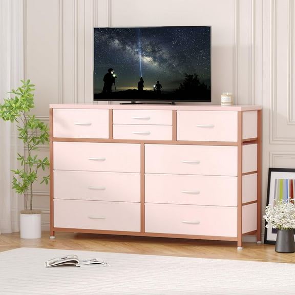 YYEAN Wide 10 Drawer Dresser,TV Stand Entertainment Center Fabric Storage Dressers Drawers for Bedroom, Hallway, Nursery, Closets, Steel Frame, Wood Top (Pink)