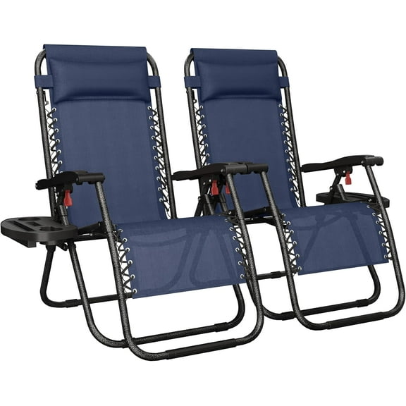 YYEAN Zero Gravity Recliners Outdoor Adjustable Folding Reclining Lounge Chairs w/Pillows, Cup Holder Trays and Carry Strap for Patio Backyard Beach Navy Blue Set of 2