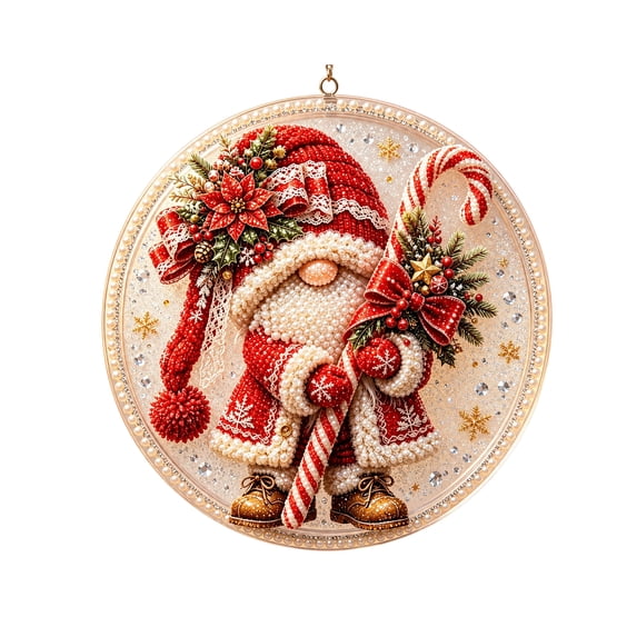 YYFJ Christmas Gnome DIY Diamond Painting Kit, 20cm Round 5D Diamond Art Hanging Ornament with Rhinestone Pearl Border, Gnome Wall Decor Craft Gift for Adults Ki ds