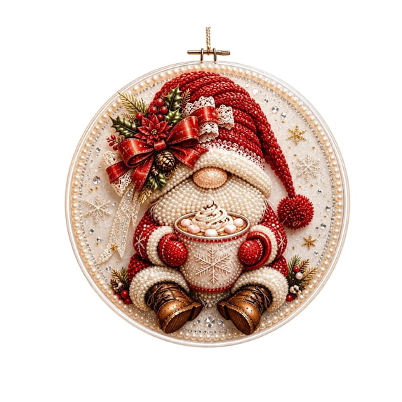 YYFJ Christmas Gnome DIY Diamond Painting Kit, 20cm Round 5D Diamond Art Hanging Ornament with Rhinestone Pearl Border, Gnome Wall Decor Craft Gift for Adults Ki ds