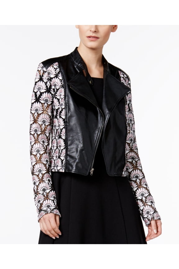 Womens Pink Faux Leather Trim Floral Motorcycle Jacket Size: S