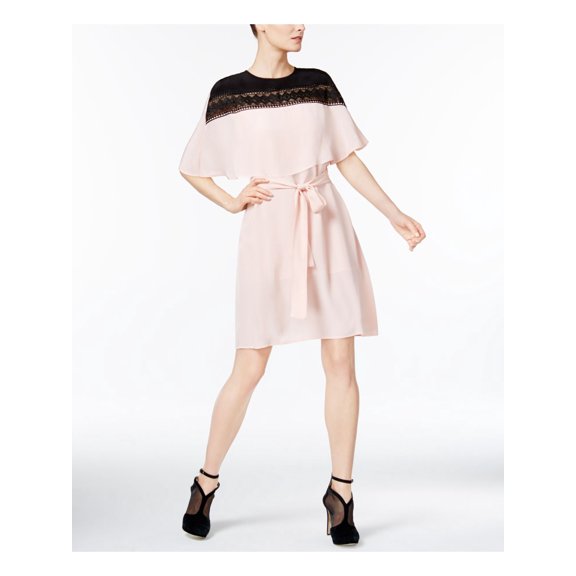 YYIGAL Womens Pink Lace Belted Short Sleeve Jewel Neck Above The Knee Top S