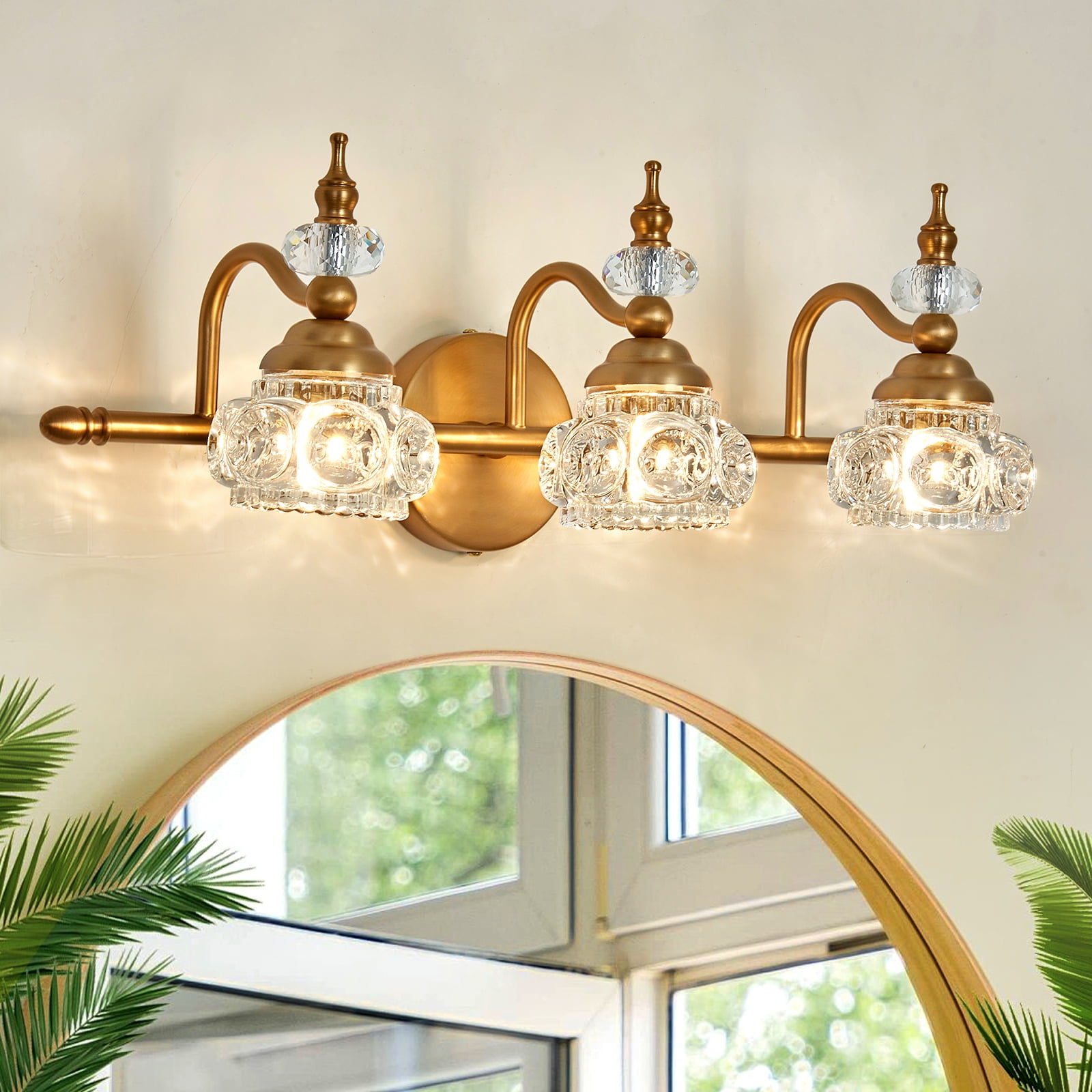 YYJLX Vintage Gold Vanity Light with Glass Globe LampShade 3 Lights Mid Century G9 Bulb Wall