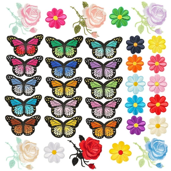 YYKihy 35 PCS Butterfly Flowers On Colorful Sew On Appliques Embroidery Badge Logo Patch Applique Roses DIY Crafts