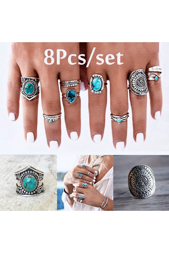 8 Vintage Ring Set Gemstone Boho Finger Rings Women's Middle Finger Rings Aesthetic Openwork Engraved Rings Rings