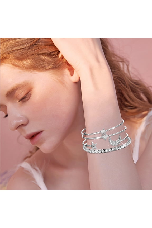 A Set Fashion Diamond Star Moon Open Bracelet Jewelry Set Charm Bracelet Birthday Surprise Gift For Woman Girls