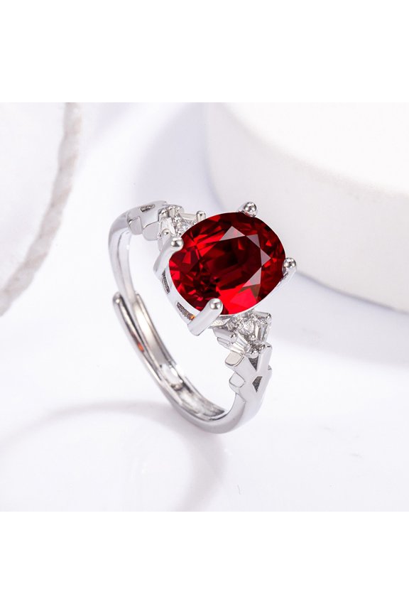 Adjustable Oval Zircon Ring Stunning Red Gemstone Shiny Accent Stones Sleek Polished Stylish Accessory For Daily Wear & Gifting
