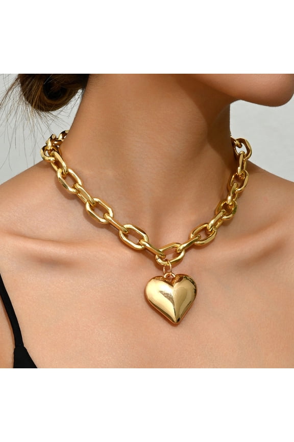 Chunky Heart Necklace Toggle Necklaces For Women Choker Necklaces Gold Statement Necklaces With Thick Chain Heart Charm Necklace Collars Pendant As Birthday Valentin