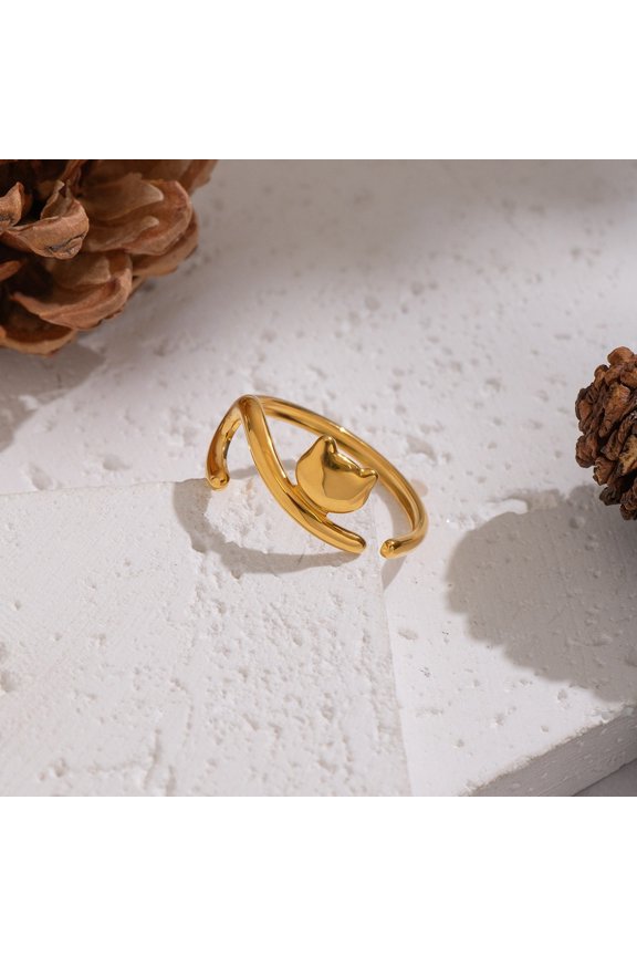 Cute Dog & Open Ring Set Stainless Gold Tone Personality Hand Jewelry