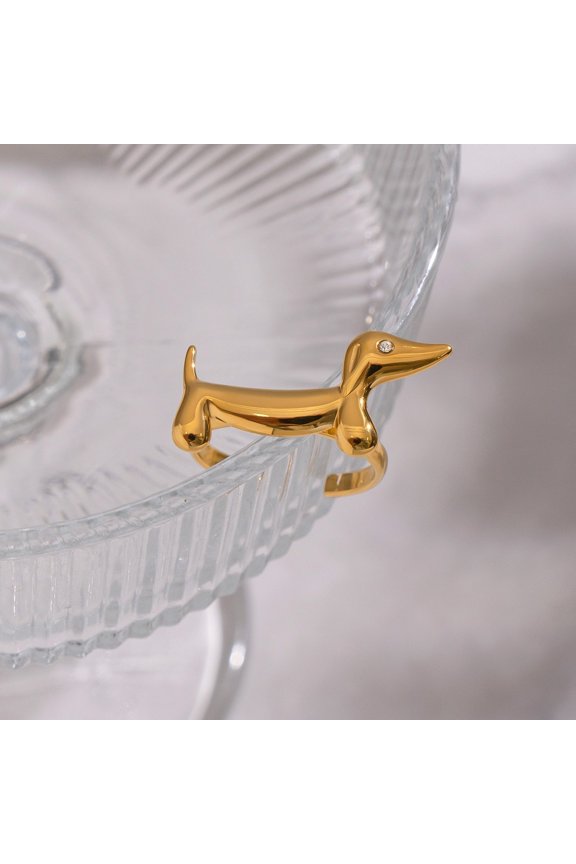 Cute Dog & Open Ring Set Stainless Gold Tone Personality Hand Jewelry