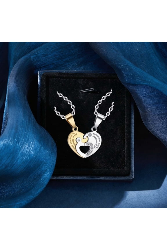 Elegant Inlaid Heart Couples Necklaces Matching His & Hers Jewelry Set With Sparkling Zircon Stones Love Themed Design For Couples Anniversary Valentine’s Day Adjustable C