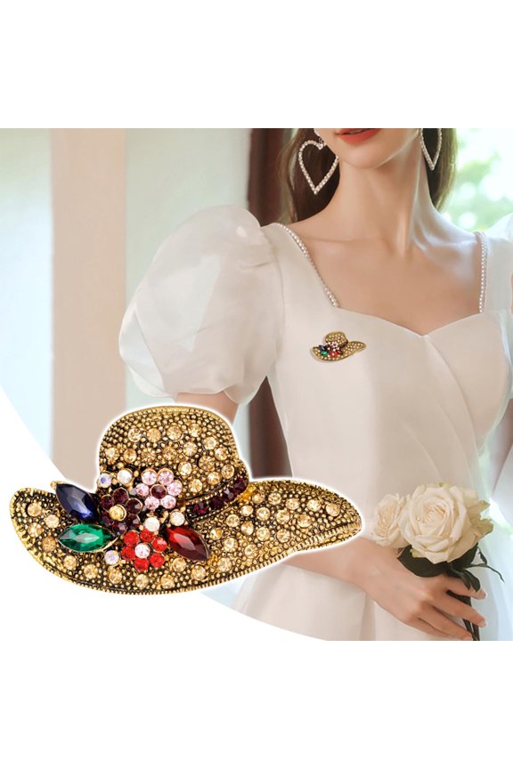Exquisite Alloy Corsage With Encrusted Sun Hat Ancient Gold Brooch