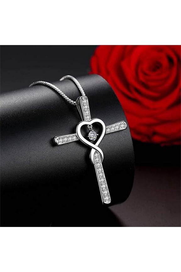 Fashion Cross Religious Belief Inlaid Zircon Pendant Necklace, Love Heart Shaped Necklace Jewelry