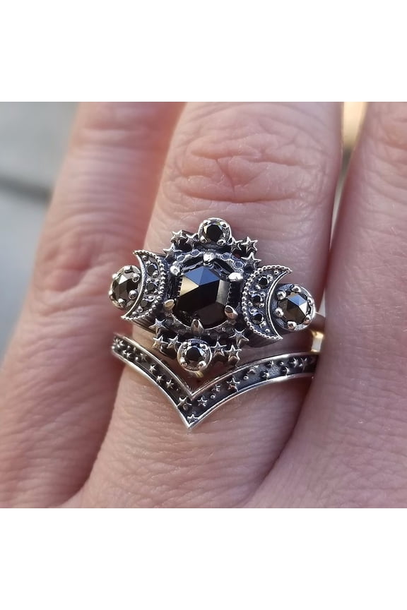 Fashion Diamond Silver Moon Engagement Ring Set Boho Stacking Wedding Rings