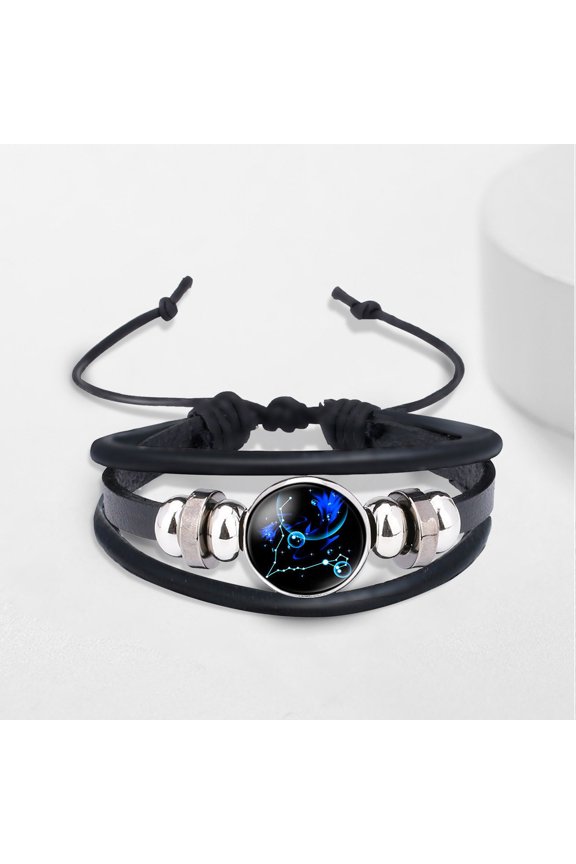Glow In The Dark 12 Time Gem Cowhide Beaded Bracelet Black Crystal Unisex