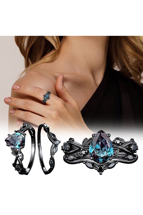 Gothic Pear Shape Alexandrite Engagement Ring Set Black Floral Promise Ring Set Unique Rhodium Black Witchy Ring Bridal Set Gift