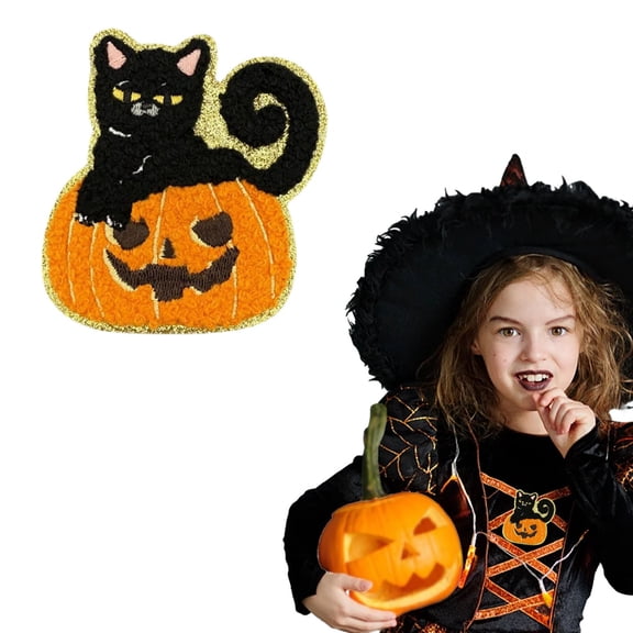 YYKihy Halloween Embroidered Iron On Patches Glitter Pumpkin Witch Bat Cat Set of 7 DIY Sew On Appliques for Clothing