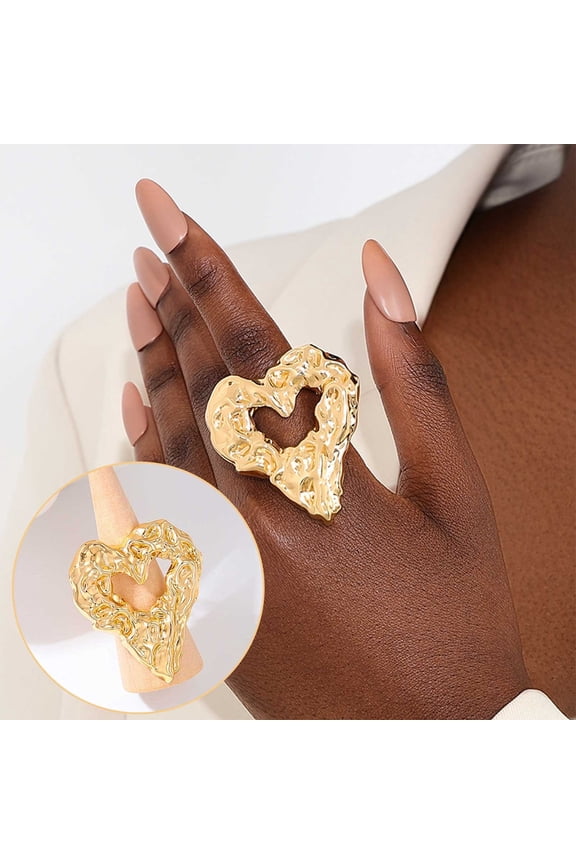 Irregular Hammer Hollow Heart Ring Chunky Statement Ring Charm Stack Wrapped Finger Ring Ring Fashion Jewelry For Women