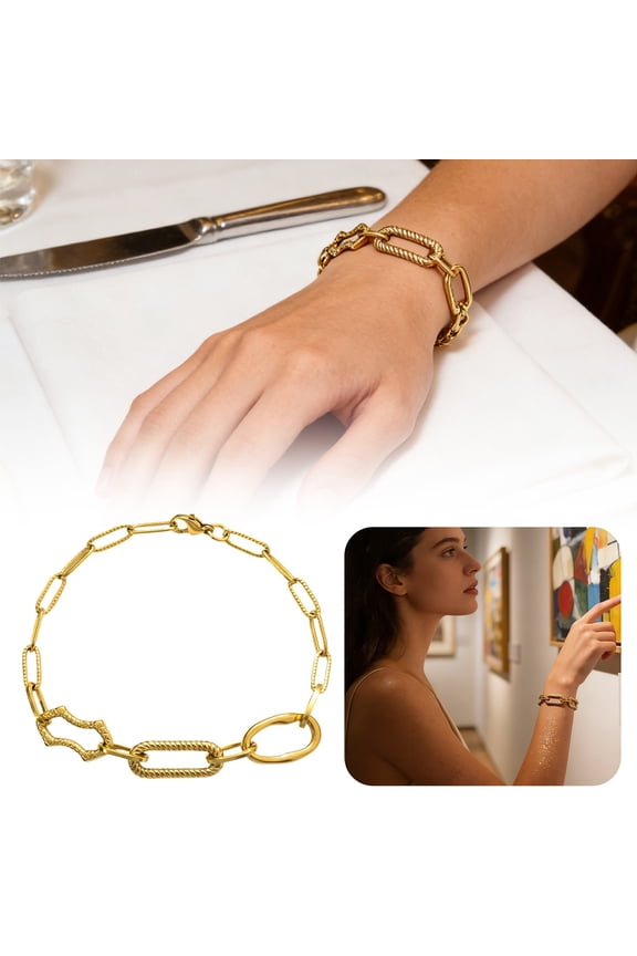 Irregular Spliced Plain Circle Bracelet Stainless Gold Plated Finish 21cm Length Chunky Chain Design For Trendy Daily Accessory