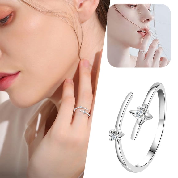 YYKihy Korean Style Four Point Star Track Zircon Ring – Adjustable Open Design With Sparkling Star Accents For Daily & Casual Styling