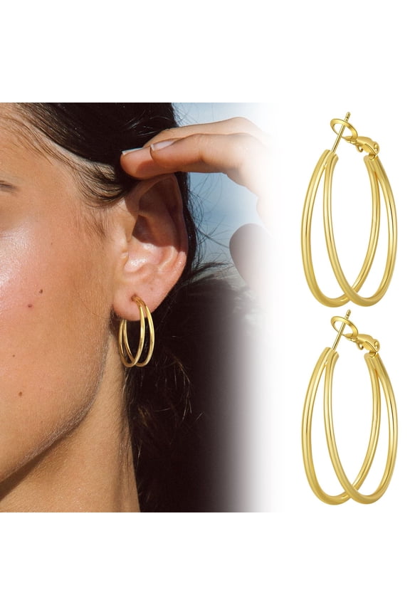 Large Thin Double Hoop Earrings For Women Lightweight Hoops Non Tarnish Sturdy Big Thin Double Layered Hoop Earrings