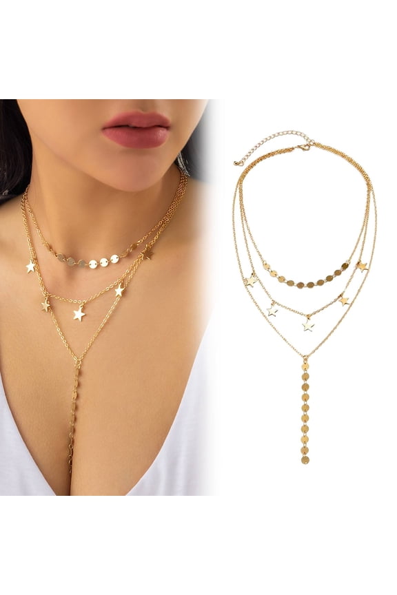 Long Layered Star Disc Y Necklace For Women Sequin Five Pointed Gold Silver Statement Necklace Stackable Costume Prom Jewelry