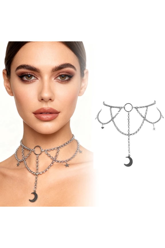 Necklace Multi Chains Gothic Style Short Moon Shape Hollow Out Women Necklace