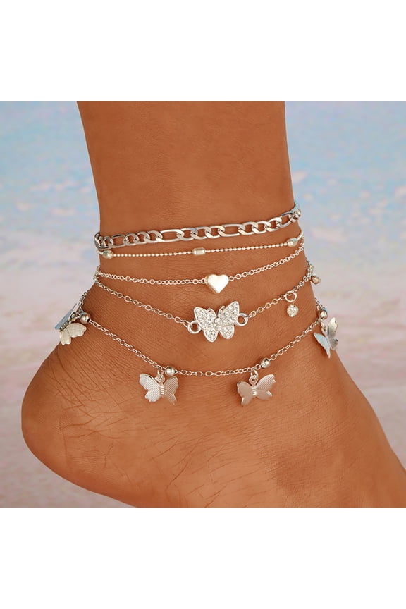 New Holiday Beach Butterfly Multi Layer Anklet Creative Round Bead Peach Heart Chain Anklet Set 4
