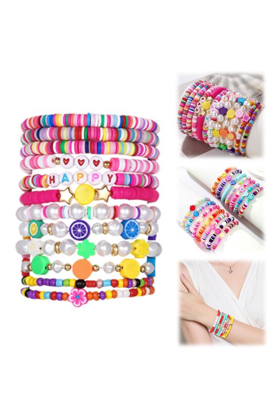 Preppy Bracelets Set Colorful Heart Star Polymer Beaded Pearl Clay Stackable Charm Kidcore Aesthetic Summer Beach Stretch Layering Bracelets Jewelry For Girls Women Teens