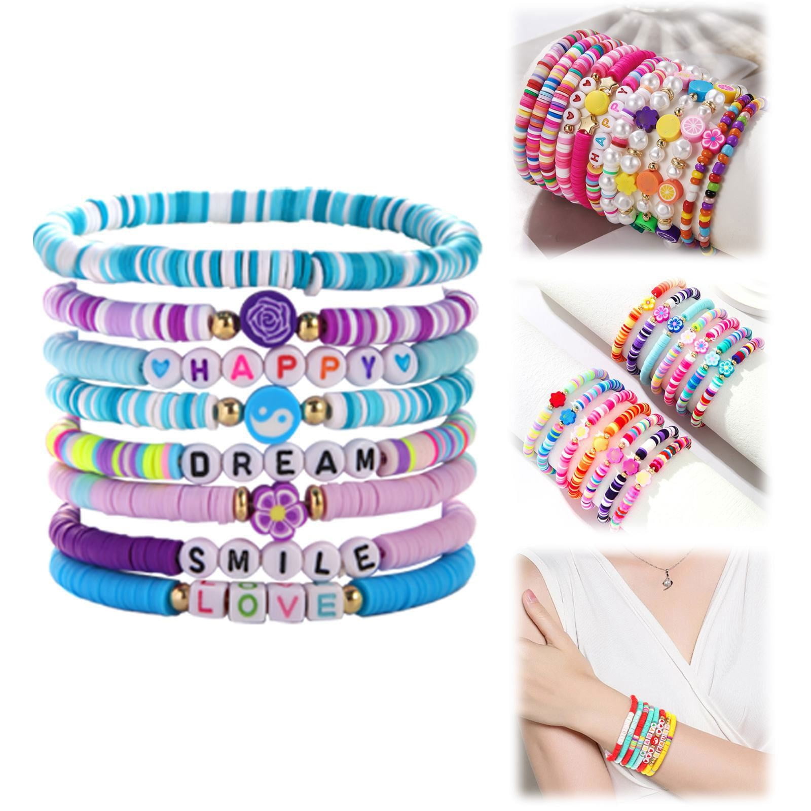 YYKihy Preppy Bracelets Set Colorful Heart Star Polymer Beaded Pearl ...