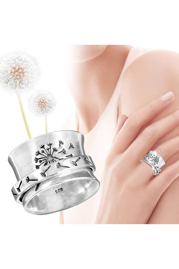 Retro Engraved Dandelion Turn Ring Fashion Flower Turn Stress Female Ring Silver Swivel Ring Ladies Flower Decompression Broadband Ring