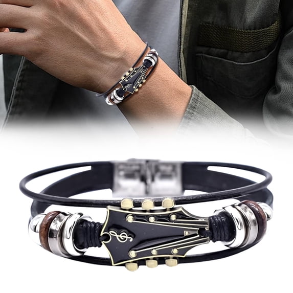 YYKihy Retro Leather Guitar Bracelet Unique Wristband With Stainless Clasp Rock Jewelry For Music Enthusiasts Accessory For Men And Women