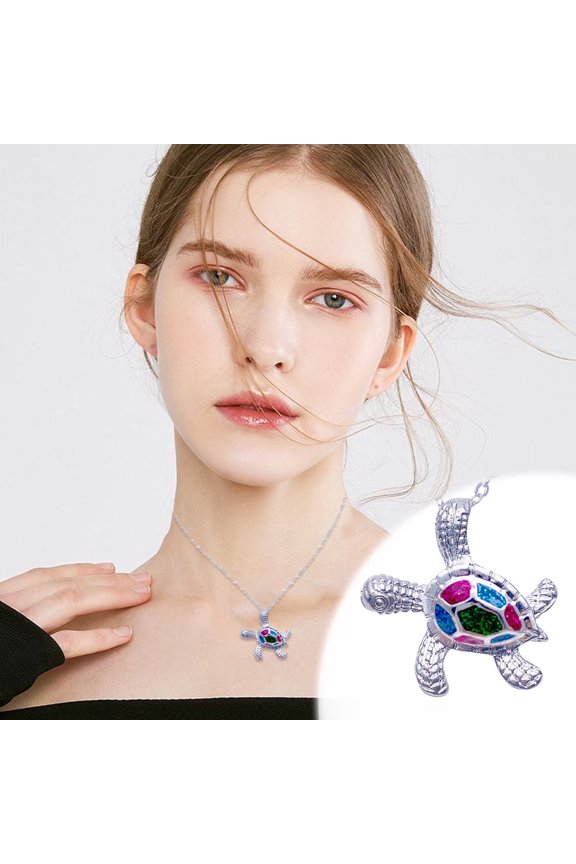 Sea Turtle Ocean Blue Fire Opal Inlay Silver Jewelry Necklace