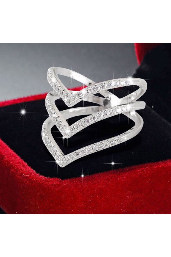 Silver V Shape Ring Diamond Three Rows V Rhinestone Ring Elegant Geometry Rhinestone Ring Full Diamond Rings For Women Size 6 9