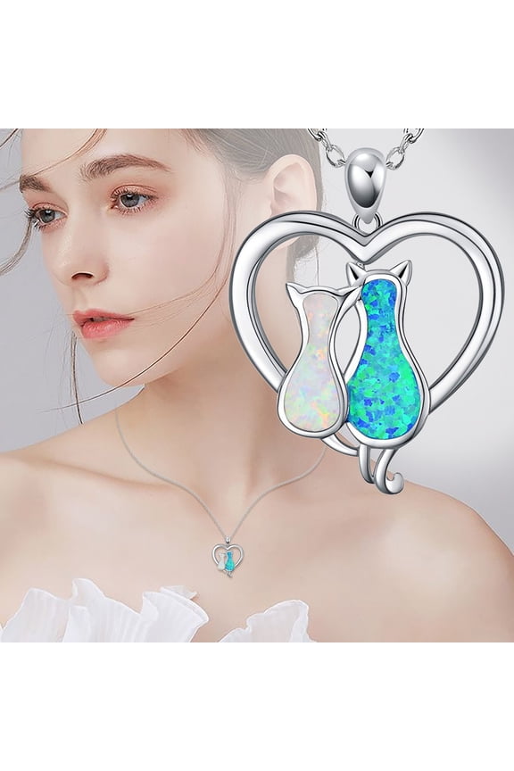 Two Color Opal Cat Necklace Heart Pendant Necklace Women's Exquisite Hollow Clavicle Chain