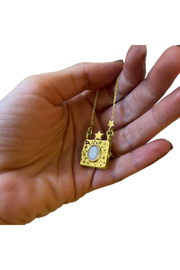 Vintage Opal Stone Embossed Galaxy Star Moon Photo Locket Pendant Book Of Love Necklace Holds Pictures DIY Gifts