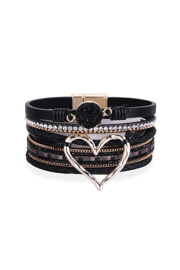 Women Leather Cuff Bracelet Set Multilayer Wrap Bracelet Crystal Heart Bracelet Clasp Bracelet For Women