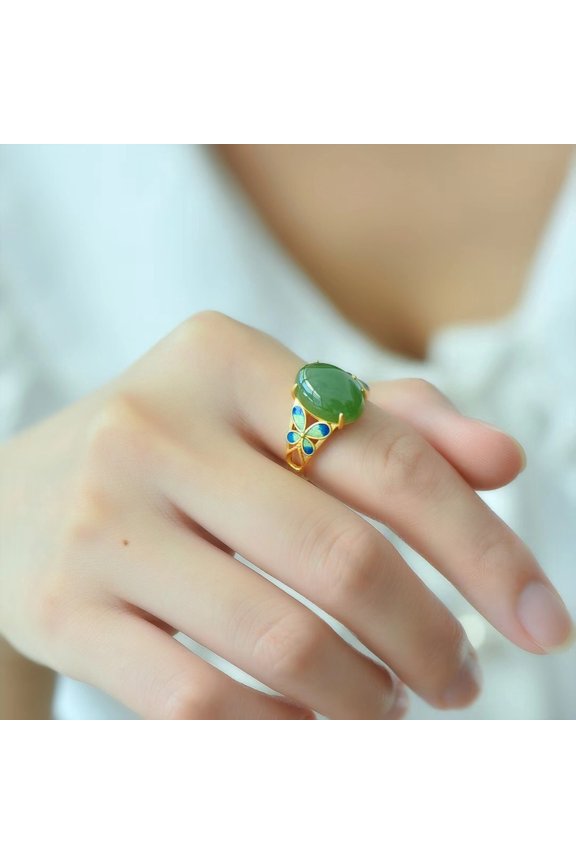 Women's Gold Plated Green Jade Butterfly Women's Ring Exquisite Butterfly Stackable Ring Is Adjustable An Ideal For Her