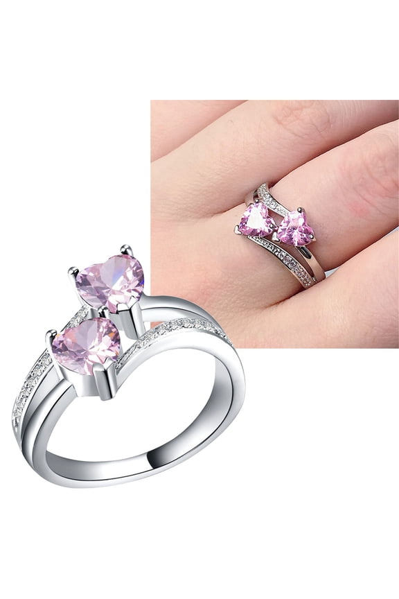 Women's Zircon Ring Double Heart Shaped Gemstone Platinum Plated Copper Ring Jewelry