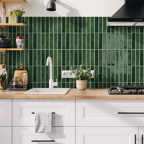 (YYL-Design)-- 10pcs Dark Green Self-Adhesive Tiles 12x12 Inch Vintage 3D Self-Stick Backsplash Wall Tiles - Heat Resistant Wall Tiles For Kitchen, Bathroom, Rental Homes (5 Square Feet)